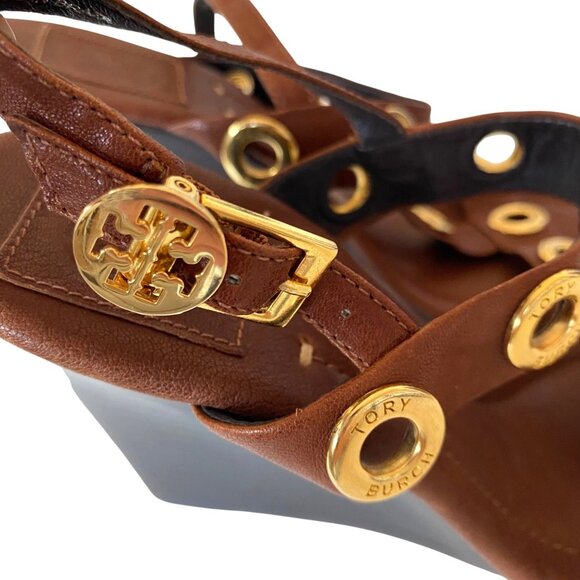 Tory Burch Kathryn Brown Leather Gold Grommet Wedge Sandals Sz 8.5 Designer Luxu - Picture 7 of 15